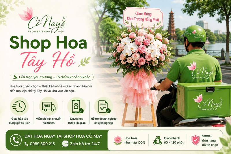 Kệ hoa khai trương và dịch vụ giao hoa tận nơi của shop hoa tươi Cỏ May