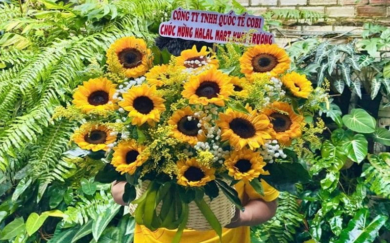Lẵng hoa hướng dương rực rỡ tượng trưng cho thành công tại Shop Hoa Kiều Trinh