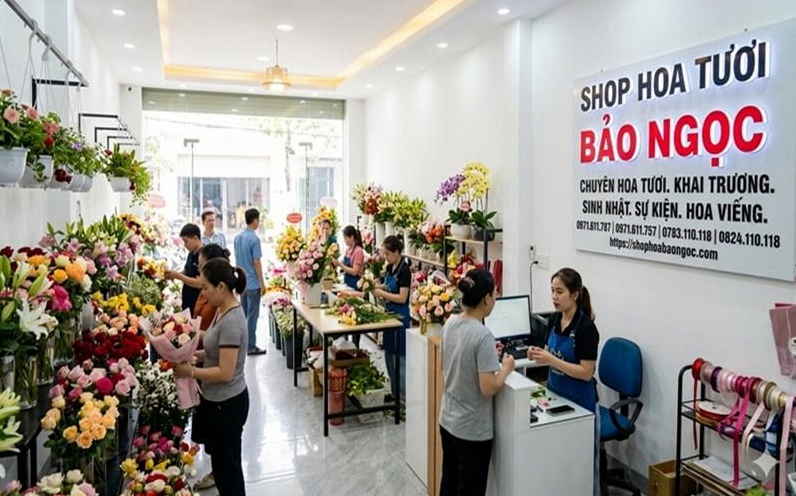 Khách hàng và nhân viên tại shop hoa tươi quận 6 của Hoa Tươi Bảo Ngọc