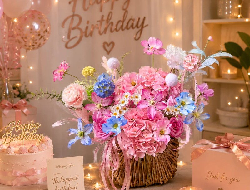 Mẫu lẵng hoa chúc mừng sinh nhật sang trọng từ Thanh Hà Flowers