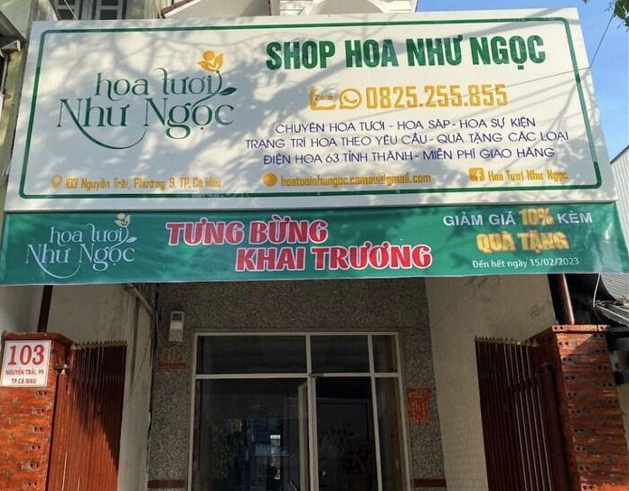 Bảng hiệu mặt tiền shop Hoa Tươi Như Ngọc tại Cà Mau
