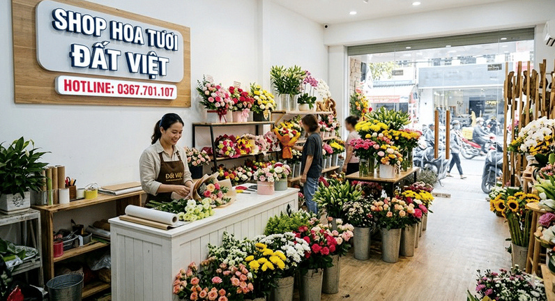 Không gian trưng bày hoa tươi hoành tráng tại Shop Hoa Tươi Phú Mỹ của Shop Hoa Đất Việt