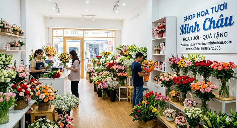 Không gian trưng bày hoa tươi tại cửa hàng của Shop Hoa Minh Châu Phú Mỹ